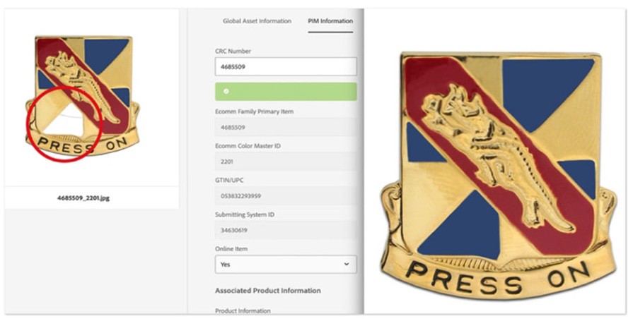 Asset QA in the PIM: flagged image defect alongside corrected product photo and metadata fields